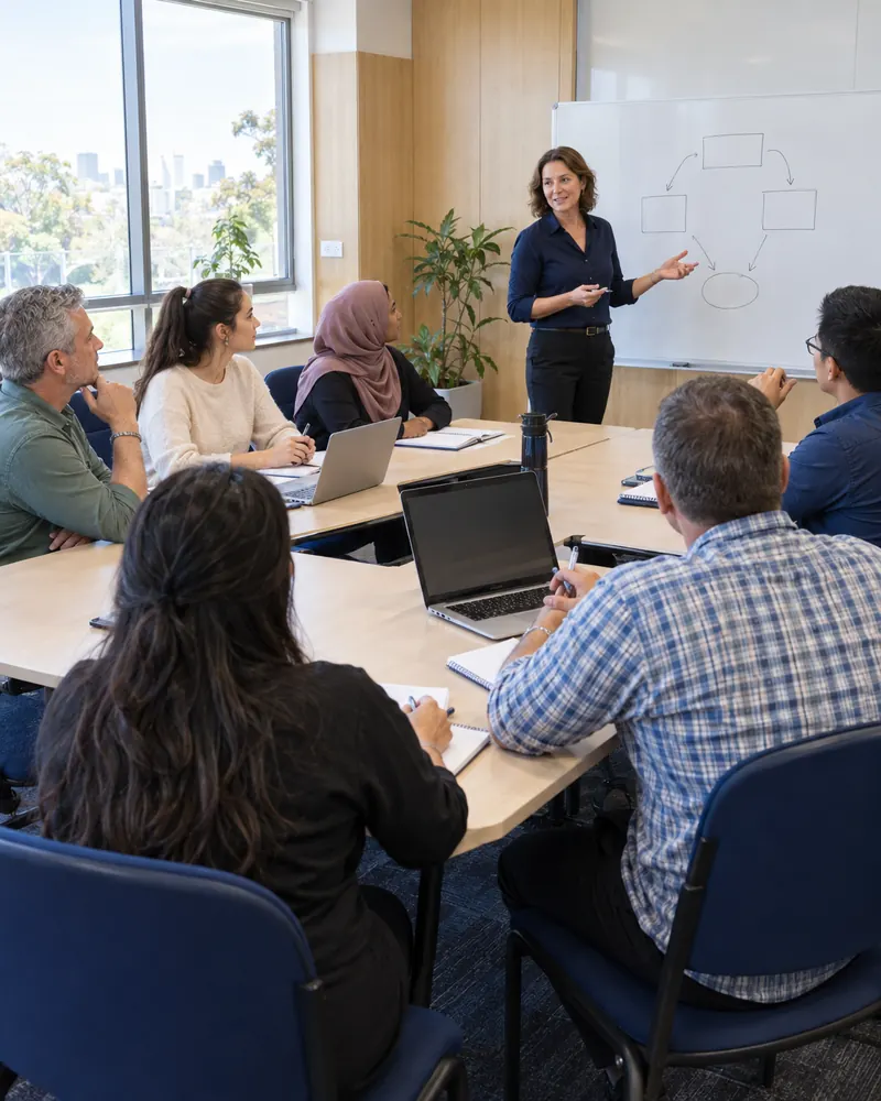 A trainer leads a discussion with adult learners at tables with laptops and workbooks