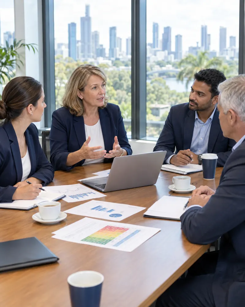 Four professionals around a meeting table with reports and a risk matrix, in an office overlooking the city
