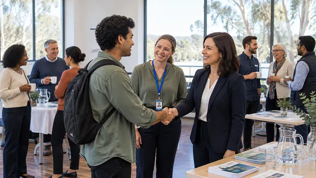 An employer shakes hands with a young job seeker at a community networking event