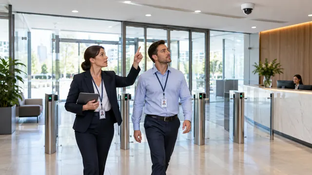 A security consultant with a tablet points out a ceiling camera to a facility manager in an office foyer
