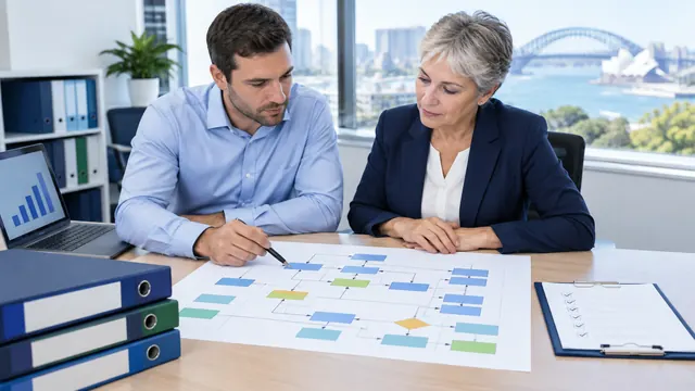A quality manager and a consultant review a process flowchart beside binders and a checklist