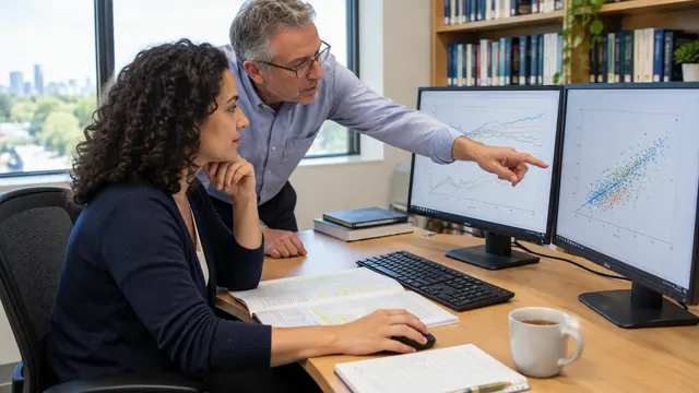 Two researchers discuss charts on a pair of monitors beside a highlighted journal article